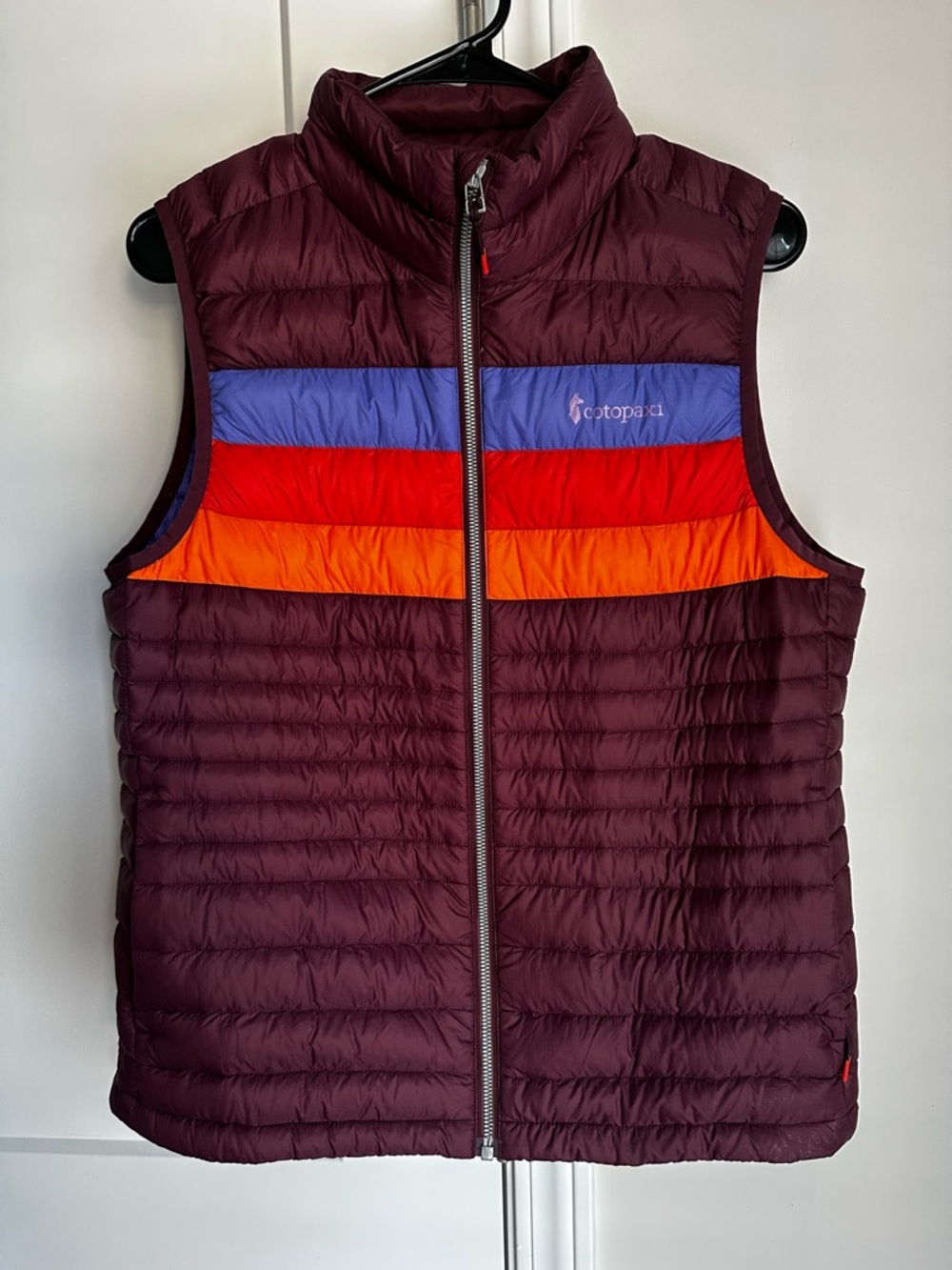 Cotopaxi Fuego Down Quilted Puffer Vest Women's Size (M) Blue Orange + Burgundy
